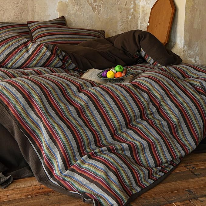 EAVD Retro Striped Duvet Cover Set King Soft 100% Cotton Muslin Bohemian Colorful Vertical Striped Bedding Set with 2 Pillowcases Rustic Farmhouse Style Geometric Pattern Duvet Cover with Zipper