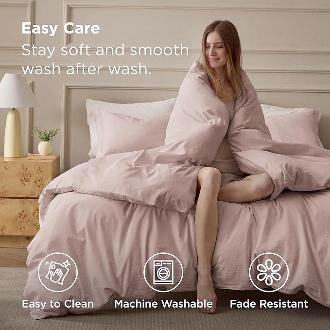 Bedsure 100% Washed Cotton Duvet Cover Full Size - Petal Pink Minimalist Bedding Set Linen Like - PureWoven Plain Simple & Soft Comforter Cover for All Seasons (Petal Pink, Full, 80"x90")