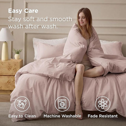 Bedsure 100% Washed Cotton Duvet Cover Twin Size - Petal Pink Minimalist Bedding Set Linen Like - PureWoven Plain Simple & Soft Comforter Cover for All Seasons (Petal Pink, Twin, 68"x90")