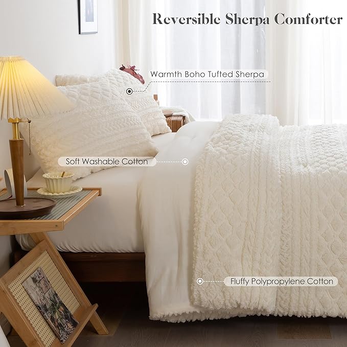 COTTEBED Reversible Sherpa Fluffy Comforter Queen Set, Boho Tufted Full Size Bedding Down Comforter Bed Set, Ultra-Soft Lightweight Washed Cotton Shabby Plush Fleece Sherpa All Season, Off White Ivory