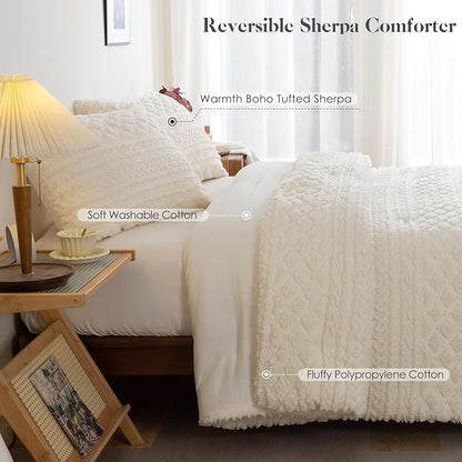 COTTEBED Sherpa Fluffy Comforter Sets KING Size Bed, Boho Tufted Cal KING Bedding Down Comforter, Lightweight Super Soft Reversible Washed Cotton Shabby Plush Fleece Sherpa All Season, Off White Ivory