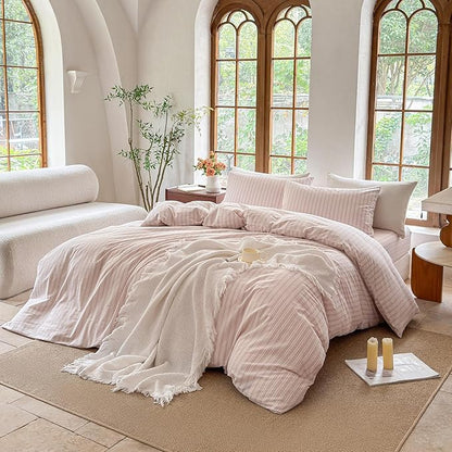 Striped Duvet Cover Set 100% Washed Cotton Linen Like Soft Feelling Breathable Bedding(Greyish Pink/White Strip,Full)