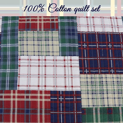 Cozy Line Home Fashions Nate Patchwork Quilt Set, Green Red Navy White 100% Cotton Reversible Coverlet Bedspread for Boy (Nate Patchwork, Twin - 2 Piece)