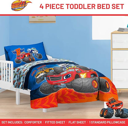 Jay Franco Kids Comforter Set Includes Sheets and Pillow Covers - Soft and Cozy Bed Set for Stylish Room Decor, Blue - Blaze and The Monster Machines, 4 Piece Toddler Size Bedding