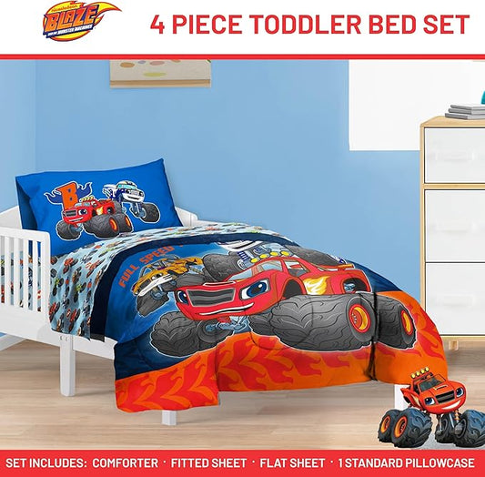 Jay Franco Kids Comforter Set Includes Sheets and Pillow Covers - Soft and Cozy Bed Set for Stylish Room Decor, Blue - Blaze and The Monster Machines, 4 Piece Toddler Size Bedding