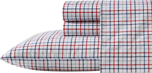 Nautica - Twin Sheet Set, Cotton Percale Bedding Set, Crisp & Cool, Lightweight & Breathable (Boating Tattersall Red, Twin)