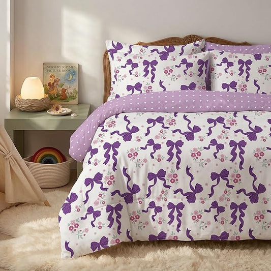 Purple Bow Comforter Set Twin Size for Girls, 2Pcs Ribbon Bowknot Bedding for Kids Kawaii Bedroom Decor, Dreamy Priness Girly Puple Polka Dots Bows Comforter Set with 1 Pillowcase, 68"x86"