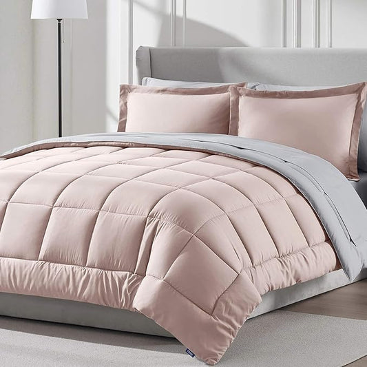Nestl 7 Piece Full Comforter Set – Blush Pink Reversible Bed in a Bag – Complete Full Size Bedding Set with Sheets, Pillowcases and Shams