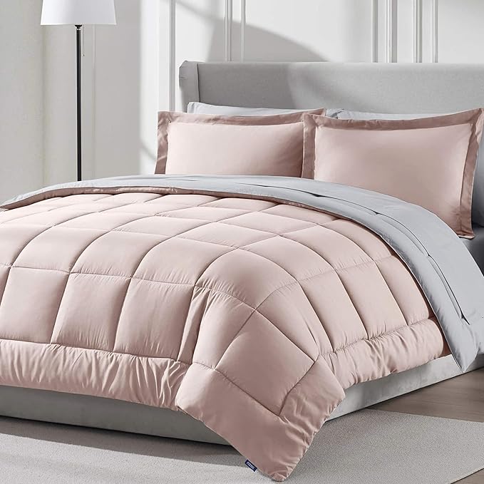 Nestl 7 Piece California King Comforter Set – Blush Pink Reversible Bed in a Bag – Complete Cal King Size Bedding Set with Sheets, Pillowcases and Shams