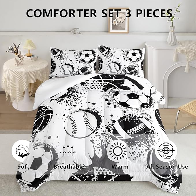 Axolotl Ball Sports Comforter Set, Football Soccer Bedding, Baseball Comforter Set, Hip Hop Graffiti Artwork Bedding for Boys Kids Men, 1 Quilt 2 Pillowcases