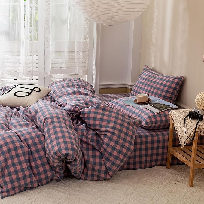 EAVD Modern Purple Pink Plaid Duvet Cover Queen Soft 100% Washed Cotton Reversible Grid Bedding Duvet Cover with 2 Pillowcases Geometric Simple Plaid Comforter Cover with Zipper Closure