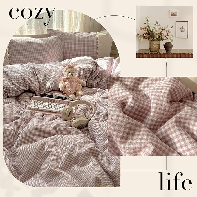 HighBuy Purple Plaid Comforter Set King Size,3 Pieces Grid Gingham Bedding Comforter with Lace Ruffles, Fluffy Comfy Grid Checkered Pattern Comforter with 2 Pillowcases,Gingham Bedding Set