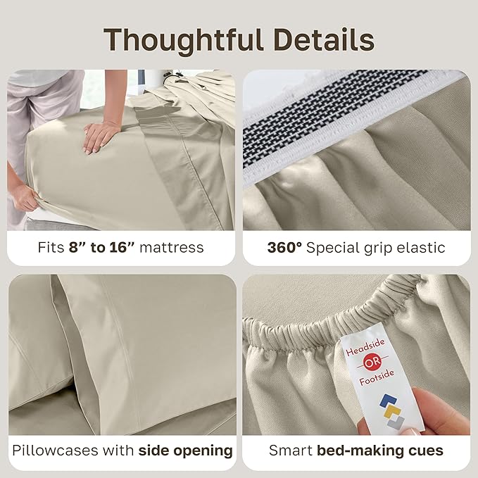California Design Den Deep Pocket King Sheet Set - Luxury 800 Thread Count Sheets King, 100% Cotton Sateen Bedding Set - Beige