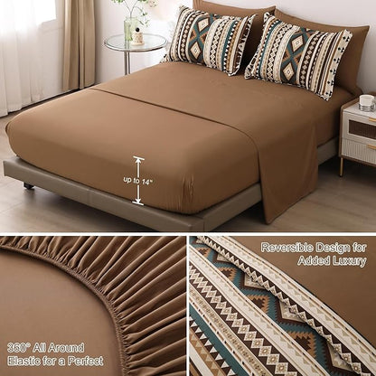 Dinjoy Boho Comforter Set Full Size 7 Piece Bed in a Bag Soft Brown Striped Bedding Sets Bohemian Comforters and Sheet Set, Microfiber Aztec Complete Sets for All Season