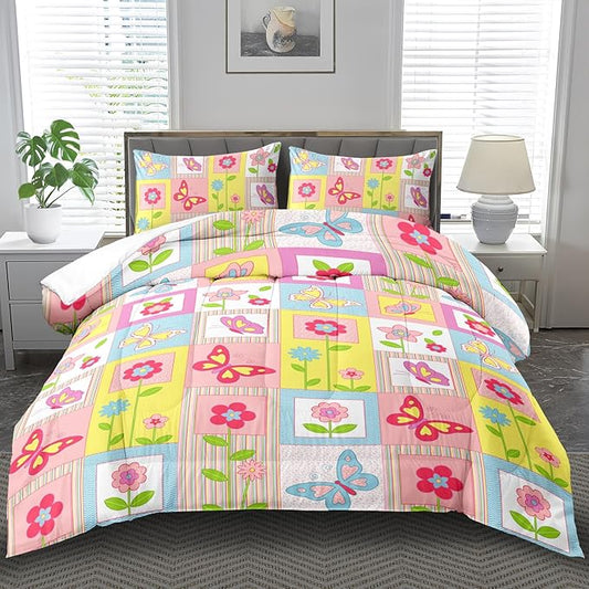 Pink Butterfly Kids Comforter Set King Girls Floral Bedding Set Girls Pink Grid Comforter Kids Quilt Bedroom Decor White Purple Blue Pink Butterfly Bedding Bed Decor