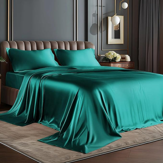 BEDELITE Satin Sheets Twin Size Bed Set, Luxury Soft Teal Silky Sheets for Hair and Skin, Similar to Silk Bed Sheets Set 3 Pieces with 1 Deep Pocket Fitted Sheet, 1 Flat Sheet, and 1 Pillowcase