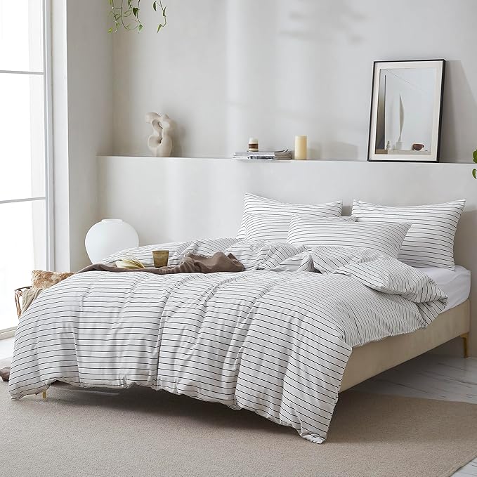 JELLYMONI 100% Natural Cotton 2pcs Striped Duvet Cover Sets, White Duvet Cover with Thin Black Stripes Pattern Printed Comforter Cover, with Zipper Closure & Corner Ties(Twin Size)