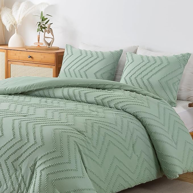 Andency Sage Green Comforter Full, Boho Soft Fluffy Warm Lightweight Bedding Comforter Sets for Full Bed, 3 Pieces Light Green Chevron Tufted Aesthetic Microfiber Lightweight Comforter Set