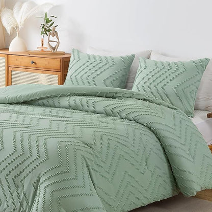 Andency Sage Green Comforter Full, Boho Soft Fluffy Warm Lightweight Bedding Comforter Sets for Full Bed, 3 Pieces Light Green Chevron Tufted Aesthetic Microfiber Lightweight Comforter Set