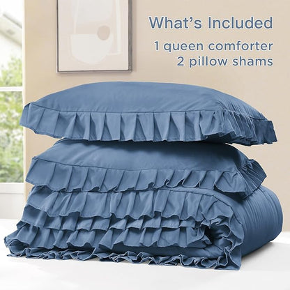 Litanika Ocean Blue King Size Comforter Set, 3 Pieces Ruffle Farmhouse Aesthetic Bedding Comforter Set, All Season Soft Lightweight Fluffy Microfiber Bed Set(104x90In Comforter, 2 Pillowcases)