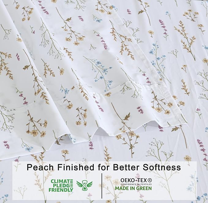 RUVANTI 100% Organic Cotton Sheets Full Size, Percale Weave, GOTS Certified, 4-Piece Set, Deep Pocket 15", Crisp & Breathable, Soft Durable Bedding, Sábanas Algodón Orgánico – Field Flower