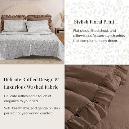 California King Comforter Set - 7 Pieces Ruffle Amber Brown Bedding Sets, Shabby Chic Farmhouse Bed in a Bag with Ruffle Comforter, Floral Sheets, Pillowcases & Shams