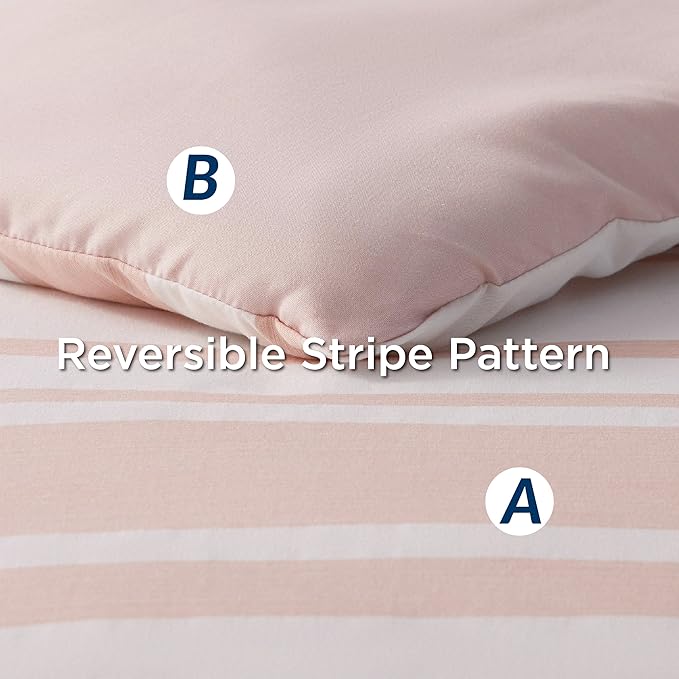 Bedsure Full Comforter Set 7 Pieces, Light Pink Striped Bedding Set for All Seasons, Reversible, Cationic Dyeing Bed in a Bag with Comforter, Sheets, Pillowcases & Shams