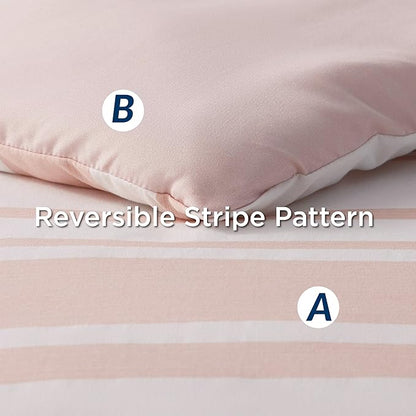 Bedsure Full Comforter Set 7 Pieces, Light Pink Striped Bedding Set for All Seasons, Reversible, Cationic Dyeing Bed in a Bag with Comforter, Sheets, Pillowcases & Shams