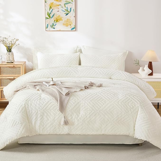 Andency Super King Plus Comforter Set Ivory - 7 Pieces Bed in a Bag Oversized King Bedding Sets, Boho Tufted Lightweight Fluffy Bed Set with Comforter, Sheets, Pillowcases & Shams