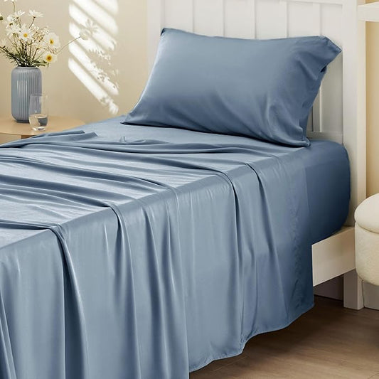 Bedsure Cooling Sheets Twin, Rayon Derived from Bamboo, PureWoven, Breathable & Soft Twin Sheets Set, Deep Pocket Up to 16 Inches, Hotel Luxury Silky Bedding for Hot Sleepers, Dusty Blue