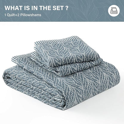 SahSahCasa Quilt Set Queen Size, 100% Cotton Quilt Bedding Set Bedspread, Botanical Pattern Solid Color Chic Lightweight Quilted Comforter for Queen Bed, White/Grayish-Blue, All Season, 3 Pieces