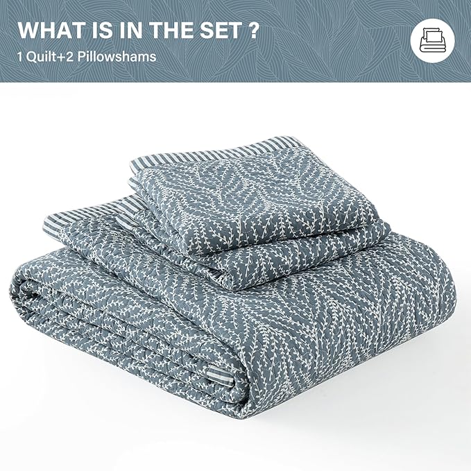 SahSahCasa Quilt Set King Size, 100% Cotton Quilt Bedding Set Bedspread, Botanical Pattern Solid Color Chic Lightweight Quilted Comforter for King Bed, White/Grayish-Blue, All Season, 3 Pieces