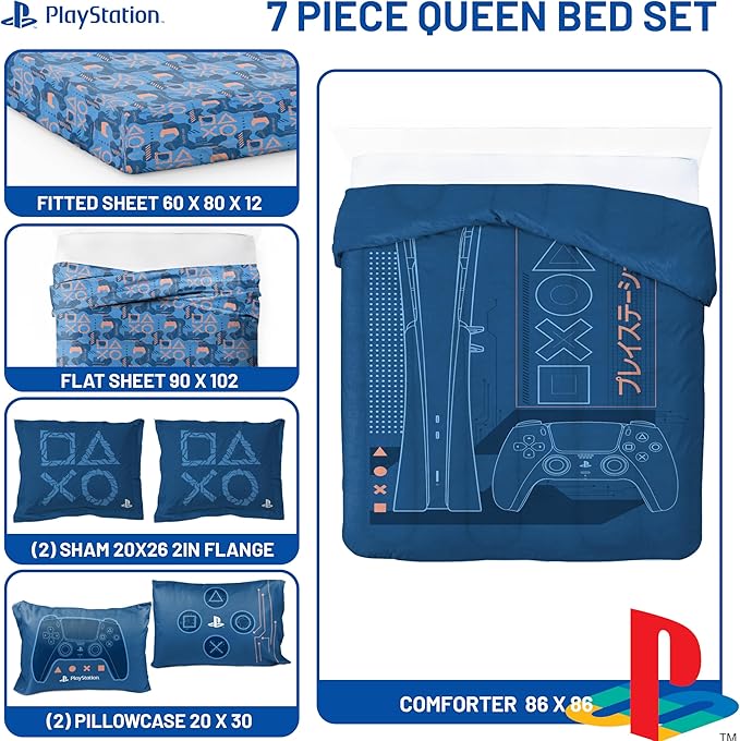 Jay Franco Kids Comforter Set Includes Sheets and Pillow Covers - Soft and Cozy Bed Set for Stylish Room Decor, Official Licensed Bedding, Blue - PlayStation, 7 Piece Queen