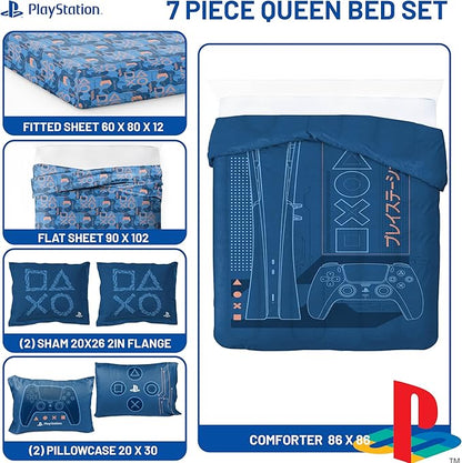 Jay Franco Kids Comforter Set Includes Sheets and Pillow Covers - Soft and Cozy Bed Set for Stylish Room Decor, Official Licensed Bedding, Blue - PlayStation, 7 Piece Queen