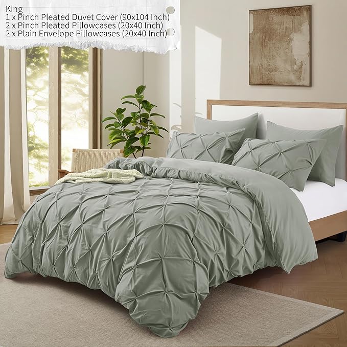 VACVELT 5 Piece Pinch Pleated Duvet Cover King Size Set, Light Gray Pintuck Duvet Cover with Zipper & 8 Ties, Shabby Chic Microfiber + 2 Pillow Shams + 2 Pillowcases, No Comforter