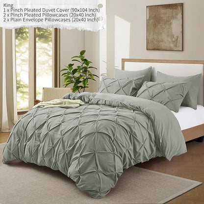 VACVELT 5 Piece Pinch Pleated Duvet Cover King Size Set, Light Gray Pintuck Duvet Cover with Zipper & 8 Ties, Shabby Chic Microfiber + 2 Pillow Shams + 2 Pillowcases, No Comforter