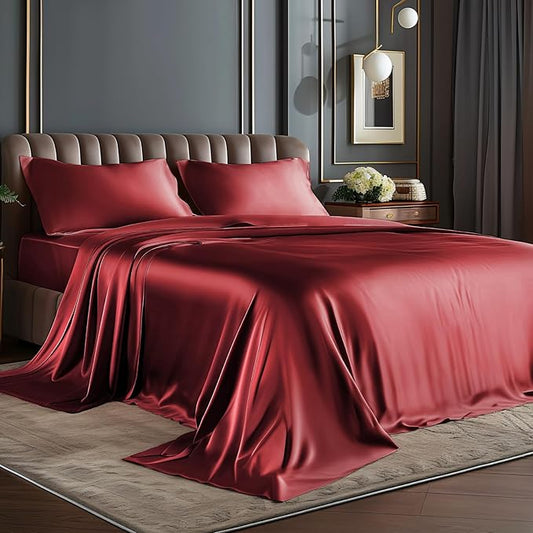 BEDELITE Satin Sheets Twin Size Bed Set, Luxury Soft Burgundy Silky Sheets for Hair and Skin, Similar to Silk Bed Sheets Set 3 Pieces with 1 Deep Pocket Fitted Sheet, 1 Flat Sheet, and 1 Pillowcase