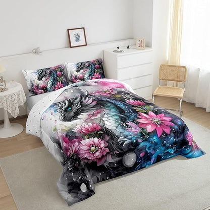 Castle Fairy Chinese Loong Comforter Set Toddler Size 2 Pcs,Wild Animals Dragon Bedding Set,Retro Flower Ink Wash Painting Quilt Set for Child Bedroom,Duvet Insert,1 Pillowcase