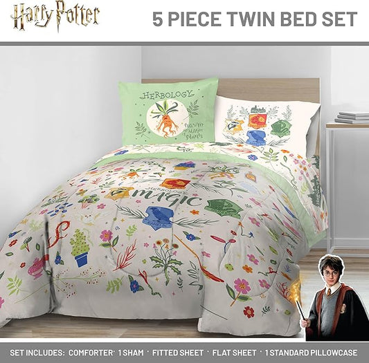 Jay Franco Harry Potter Twin Size Comforter Set - 5 Piece Bedding Includes Sheet Set & Pillow Covers - Super Soft Hogwarts Herbology Bedding