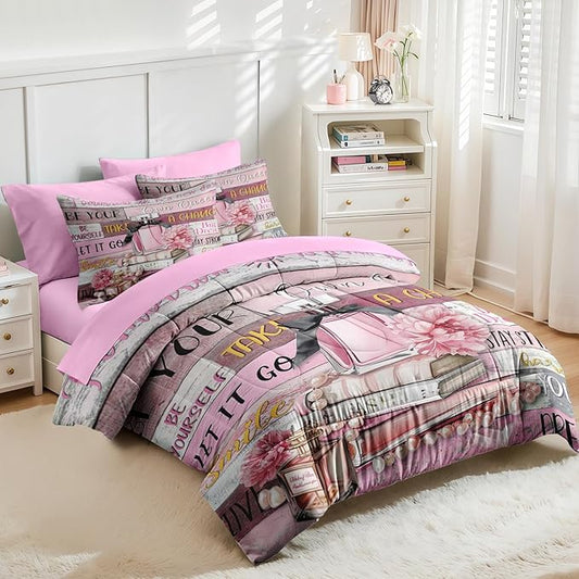 Nesker Comforter Set Full Size, Girly Hot Pink Perfume 7 Pcs Bedding for Kids and Adults, Girls Quotes Motivational Book Bed Sheet Sets with Fitted Sheet 2 Pillowcases & 2 Shams