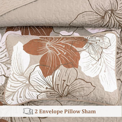 DJY 3-Piece Quilt Set - California King Taupe Boho Floral Pattern Quilt Coverlet Set with 2 Pillow Shams - Lightweight Bedding for Adults (Taupe, 106"x96")