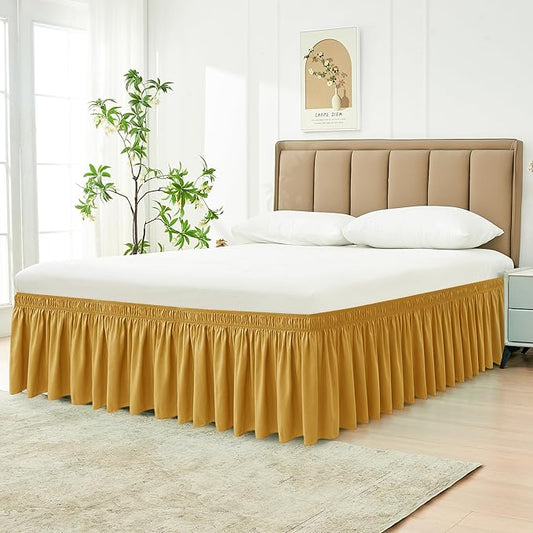 Biscaynebay Wrap Around Bed Skirts for Queen Beds 16" Drop, Gold Adjustable Elastic Dust Ruffles Easy Fit Wrinkle Resistant Silky Luxurious Fabric Machine Washable