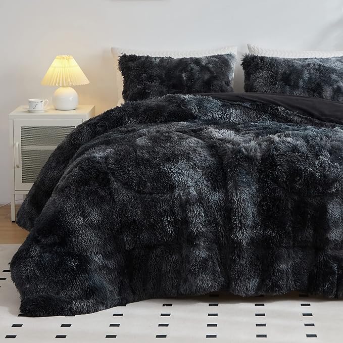 Wajade Faux Fur Plush Tie Dye Black Comforter Set Fluffy Fuzzy Shaggy Bedding Set - 3PC Full Size Microfiber Soft Warm Quilt Set