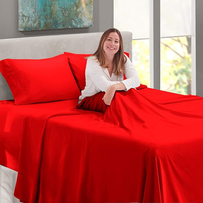 Nestl Queen Extra Deep Pocket Sheet Set - Cherry Red, 4 Piece, Microfiber, 18-24 Inches Deep, Stripe Pattern