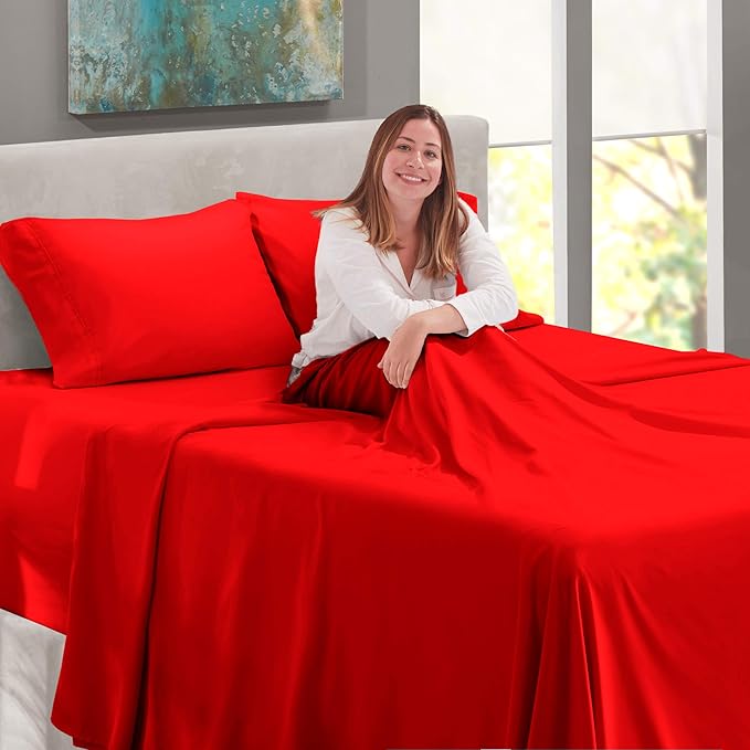 Nestl Twin XL Size Sheet Set, 4 Piece Extra Deep Pocket (18-24 inches), Microfiber, Hotel Luxury, Soft, Breathable, Wrinkle-Free, Easy to Care, Red