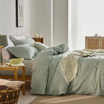 JELLYMONI 100% Natural Cotton 3pcs Striped Duvet Cover Sets,White Duvet Cover with Green Stripes Pattern Printed Comforter Cover,with Zipper Closure & Corner Ties(Full Size)