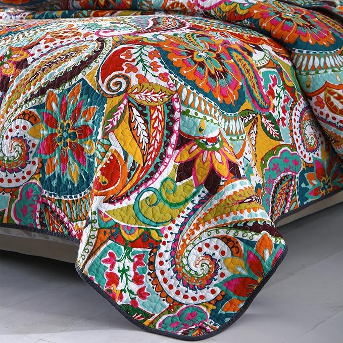Qucover King Size Quilt Bedding Set, 100% Cotton Boho Bedspread, Vibrant Colorful Gorgeous Paisley Print Coverlet for Living Bedroom, Bed Cover with 2 Pillow Shams, 98x106 Inches