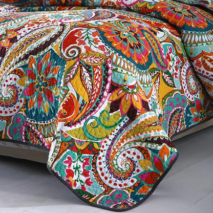 Qucover King Size Quilt Bedding Set, 100% Cotton Boho Bedspread, Vibrant Colorful Gorgeous Paisley Print Coverlet for Living Bedroom, Bed Cover with 2 Pillow Shams, 98x106 Inches