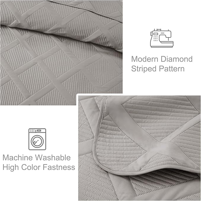 Exclusivo Mezcla Quilts Queen Size - Light Grey Quilt Set Bedspread with 2 Pillow Shams, Modern Bedding Set with Striped Pattern, Soft Lightweight Bedspreads Queen Size for All Seasons