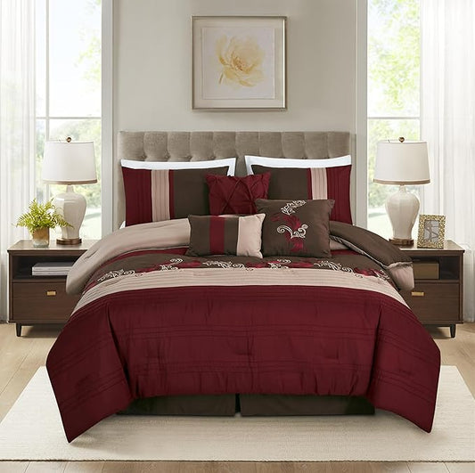 Chezmoi Collection Napa 7-Piece Luxury Leaves Scroll Embroidery Bedding Comforter Set (Queen, Burgundy/Taupe/Brown)